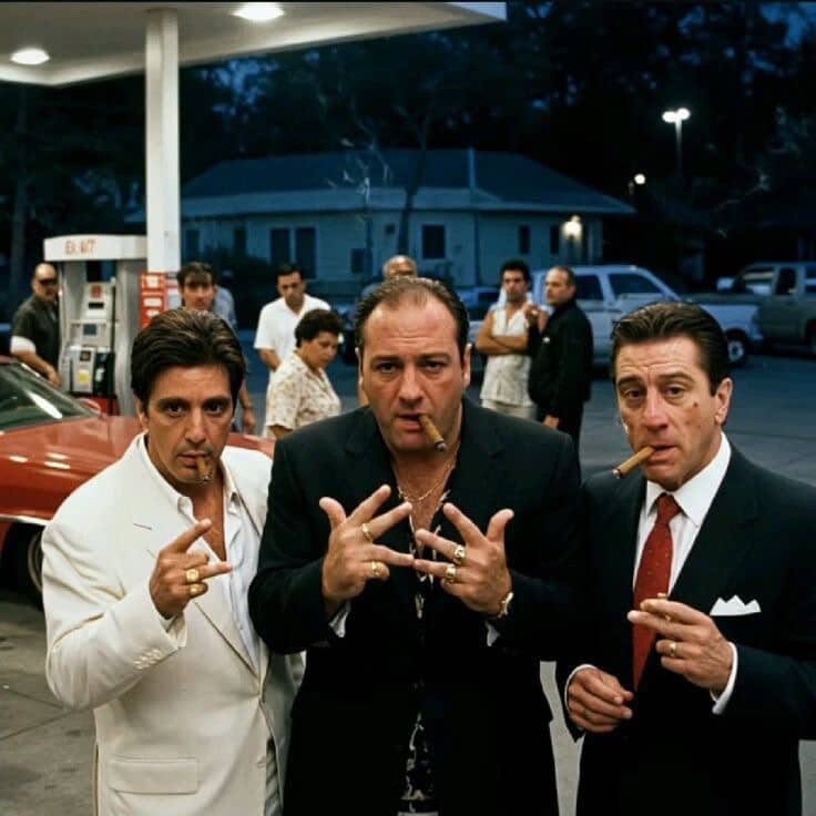 Three men at a gas station